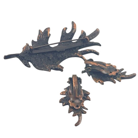 Vintage Copper Tone Leaf Brooch & Clip-On Earrings Set - Picture 3 of 6